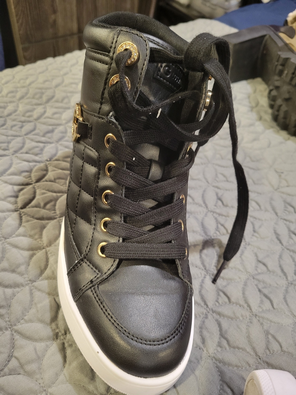 G by Guess Black Quilted High-Top Sneakers with Gold Hardware - Picture 2 of 3